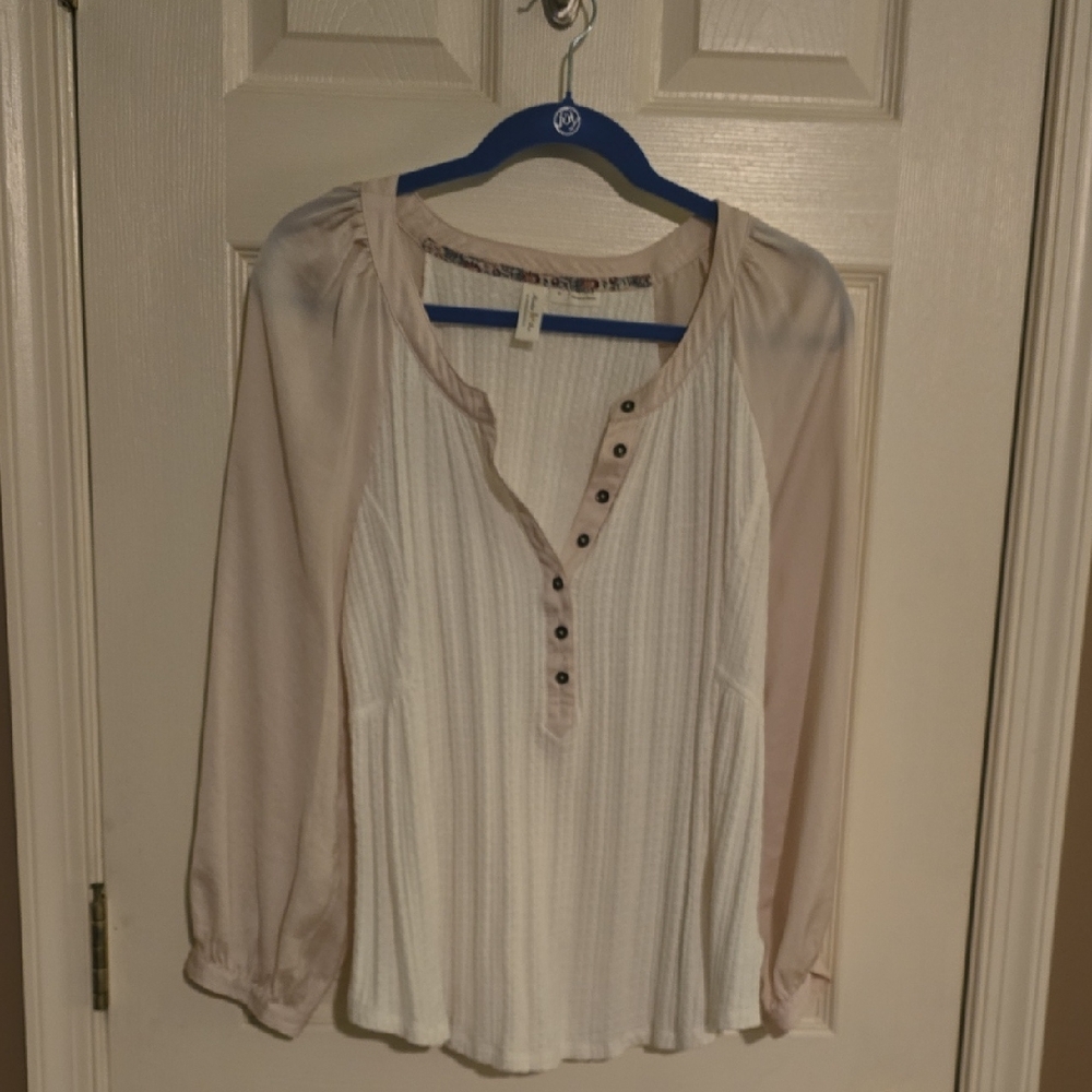 Anthropologie Blush and White Long-Sleeve Henley Top